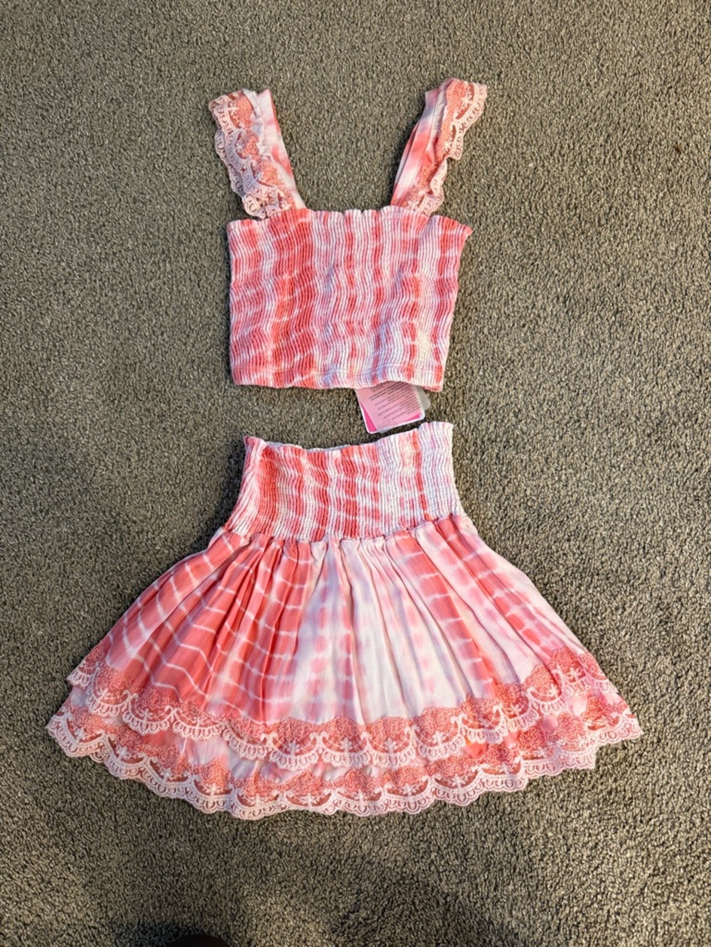 Girls Pink Tie-Dye Smocked Crop Top & Lace-Trim Skirt Set